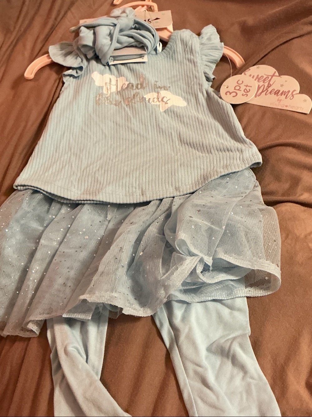 Sweet Dreams Light Blue Girls 3pc Matching Set - Top Skirt Leggings